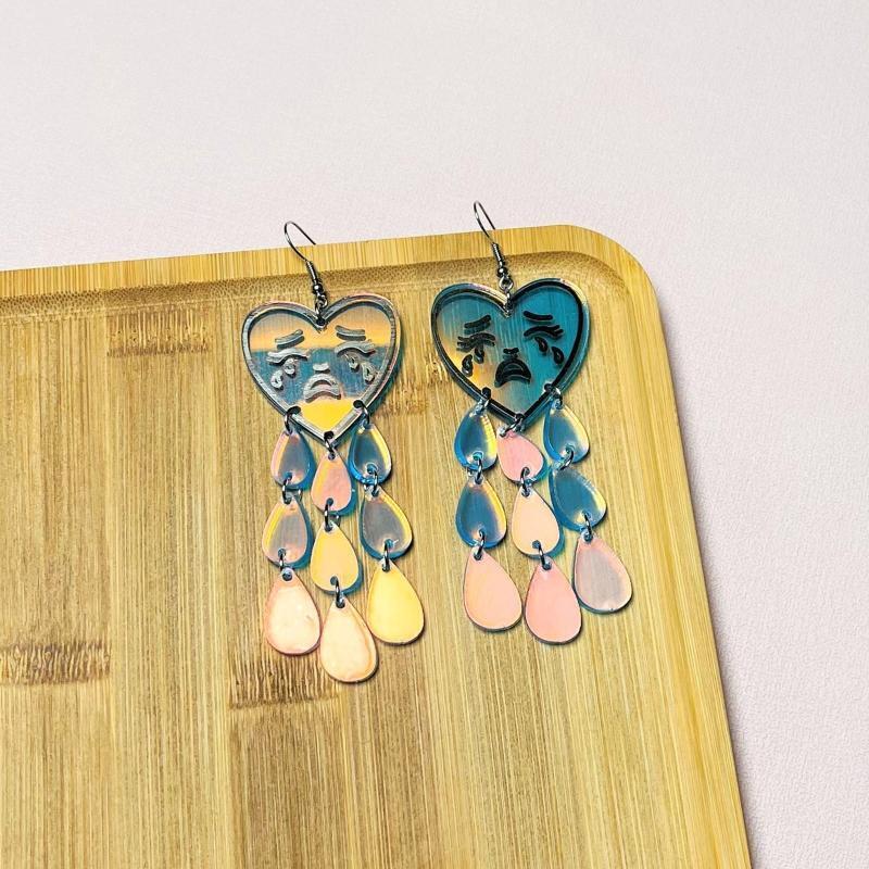 Crying Face Charm Heart Shape Earring Teardrop Tassel Drop Earring Gift for Girl