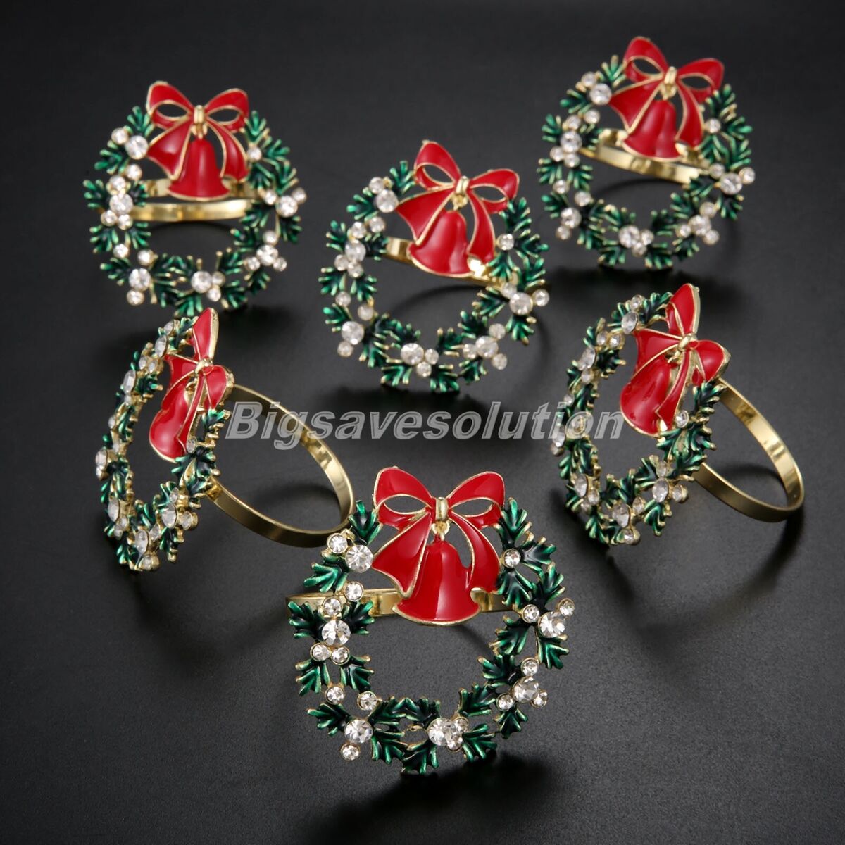 6pcs Christmas Tree Napkin Rings Bow Flower Wreath Buckle Xmas Thanksgiving Use