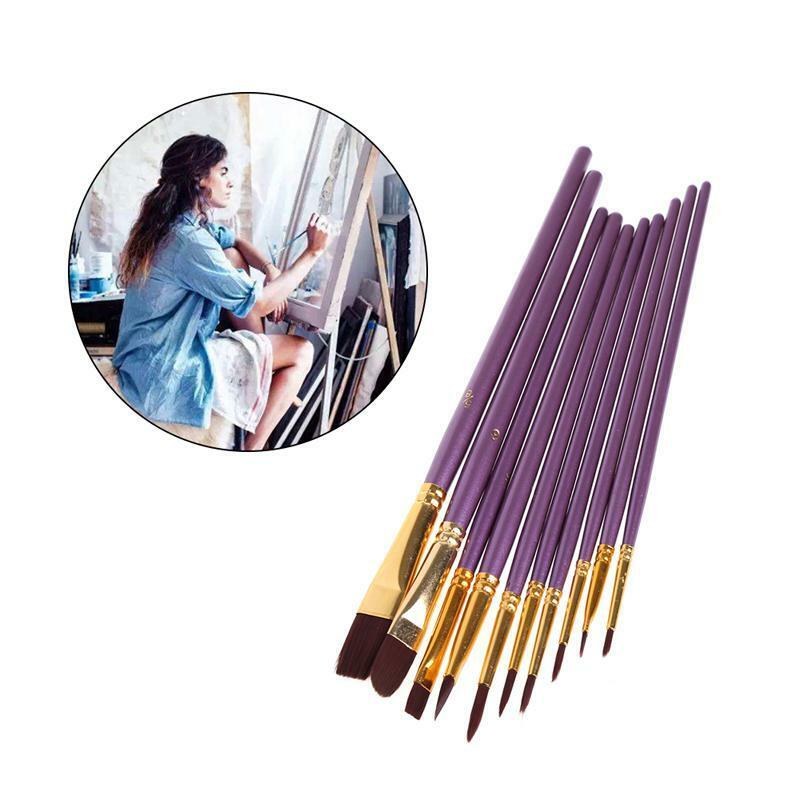 10Pcs Artist Paint Brush Set Nylon Hair Watercolor Acrylic Oil Painting Drawing