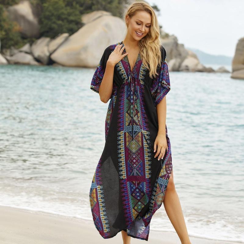 Women Geometry Print Boho V-Neck Bikini Cover Up Half Sleeve Beach Dress Kaftans