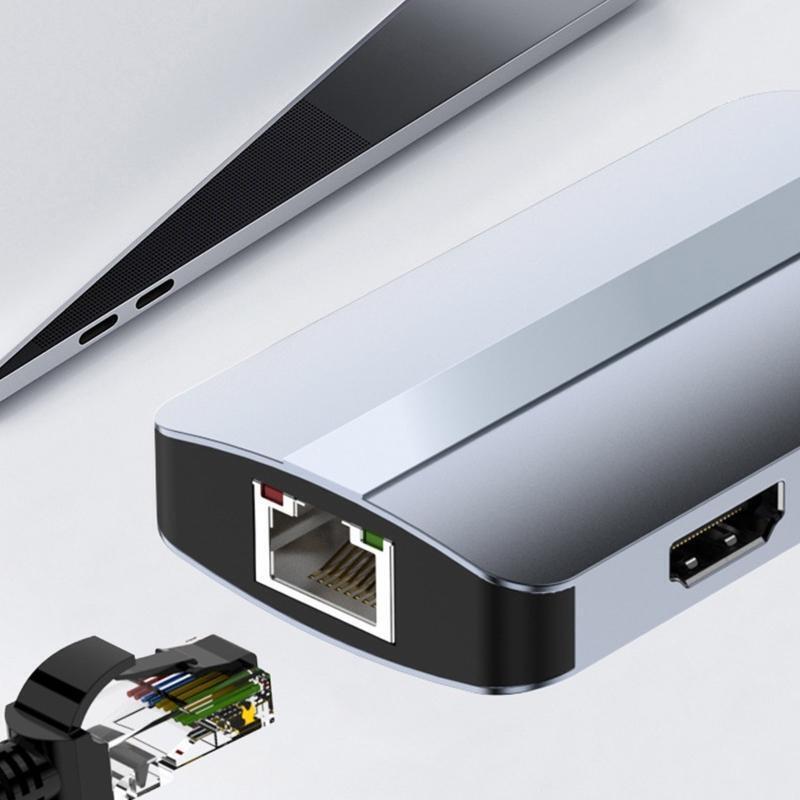 Type C Hub 6 in 1 HDMI-Compatible USB3.0 Splitter 5Gbps PD Rj45 Lan HUB Docking