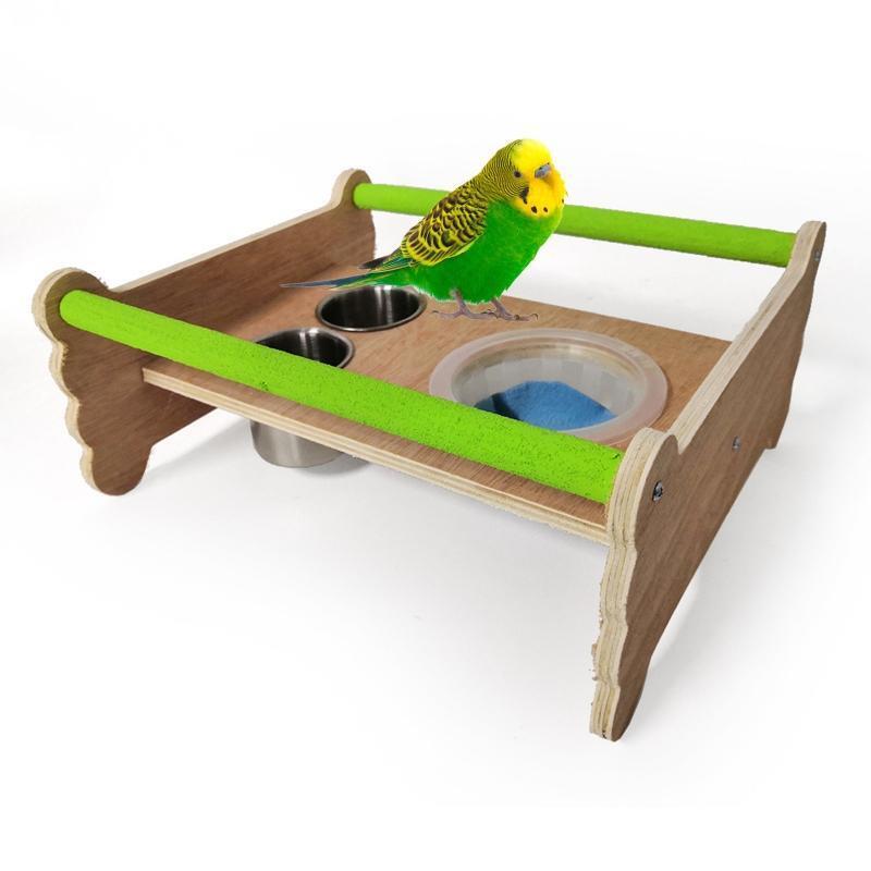 Bird Perch Table Stand Wood Playground with Feeding Cups for Parakeet Cockatiel