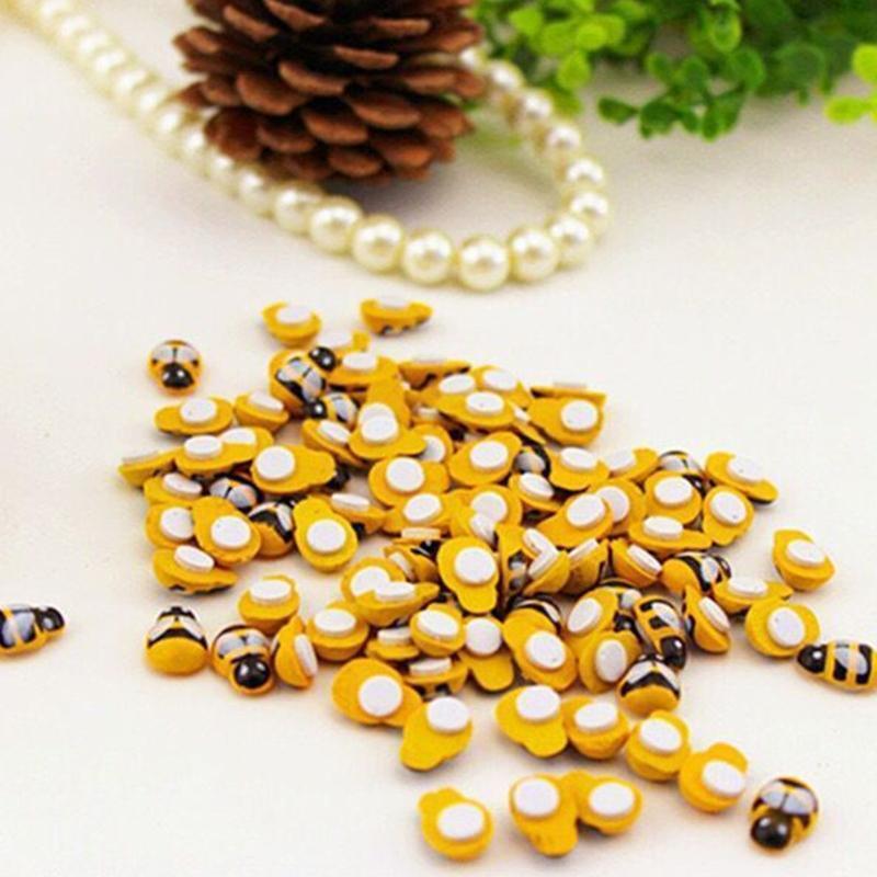 100 Pcs Tiny Wooden Bee Embellishments Self-Adhesive Painted Flatback Bumble Bee