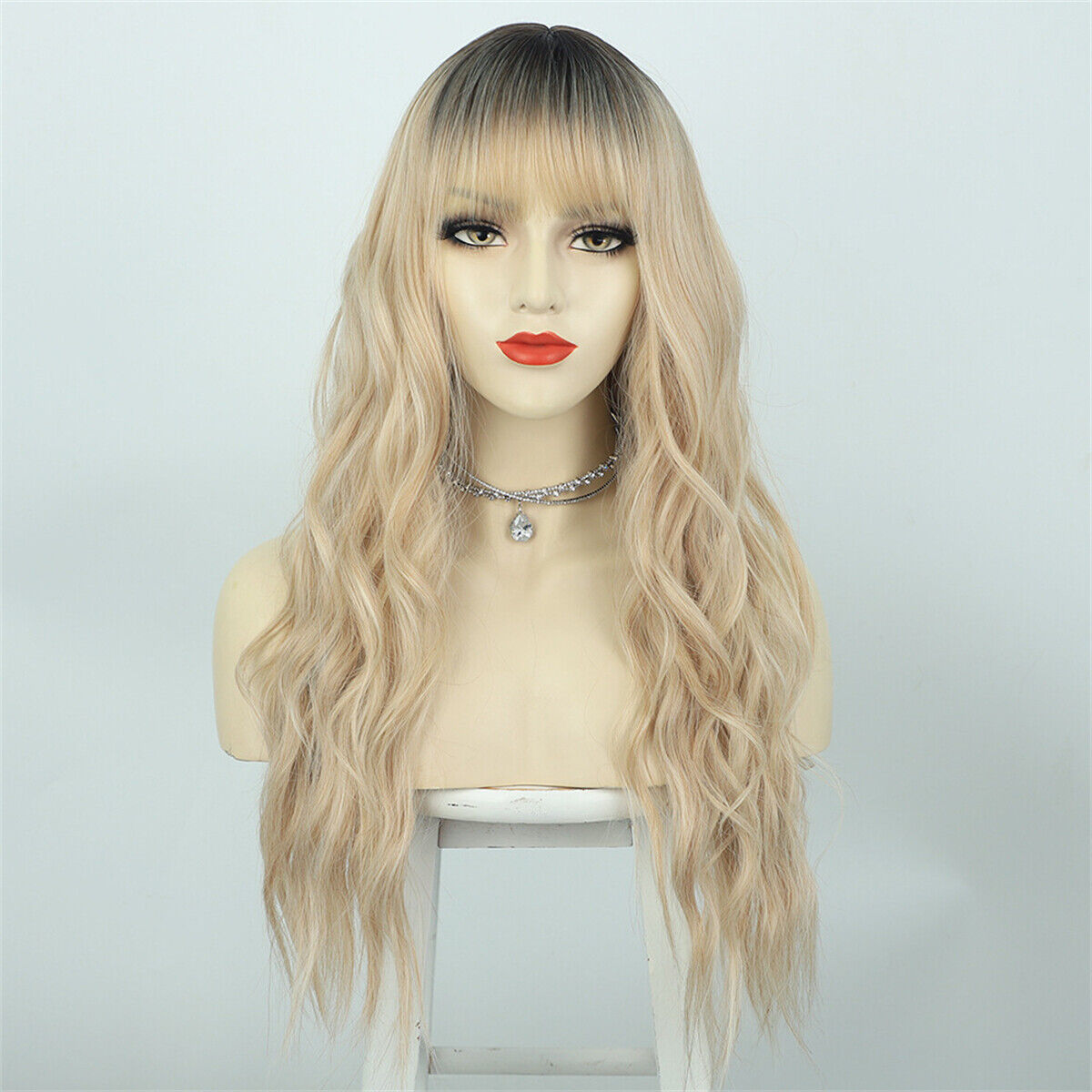 Long Curly Wavy Gradient Synthetic Heat Resistant Hair Wigs with Bangs for Women