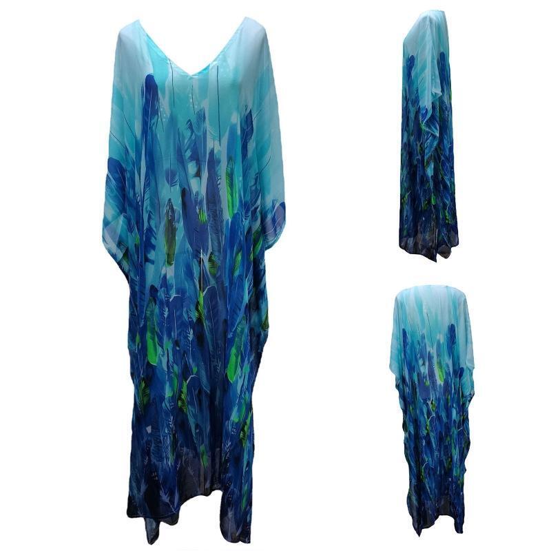 Summer Loose Print Caftan V Neck Sun Protection Oversize Dress for Girls Lady