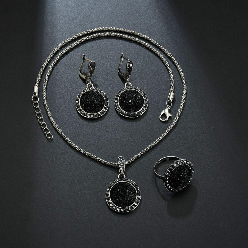 1 Set Black Round Rhinestone Necklace Earrings Ring Wedding Jewelry Sets Women