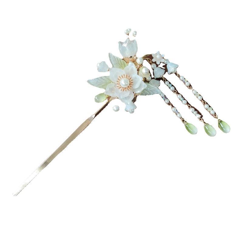 Elegant Chinese Hairpin U Shape Hair Fork Glazed Flower Clip with Tassel Women