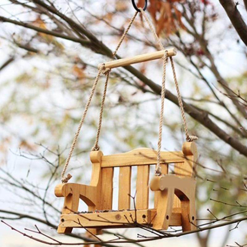 Hanging Bird Feeder Wooden Swing Bench Food Tray Outdoor Decor for Yard Balcony