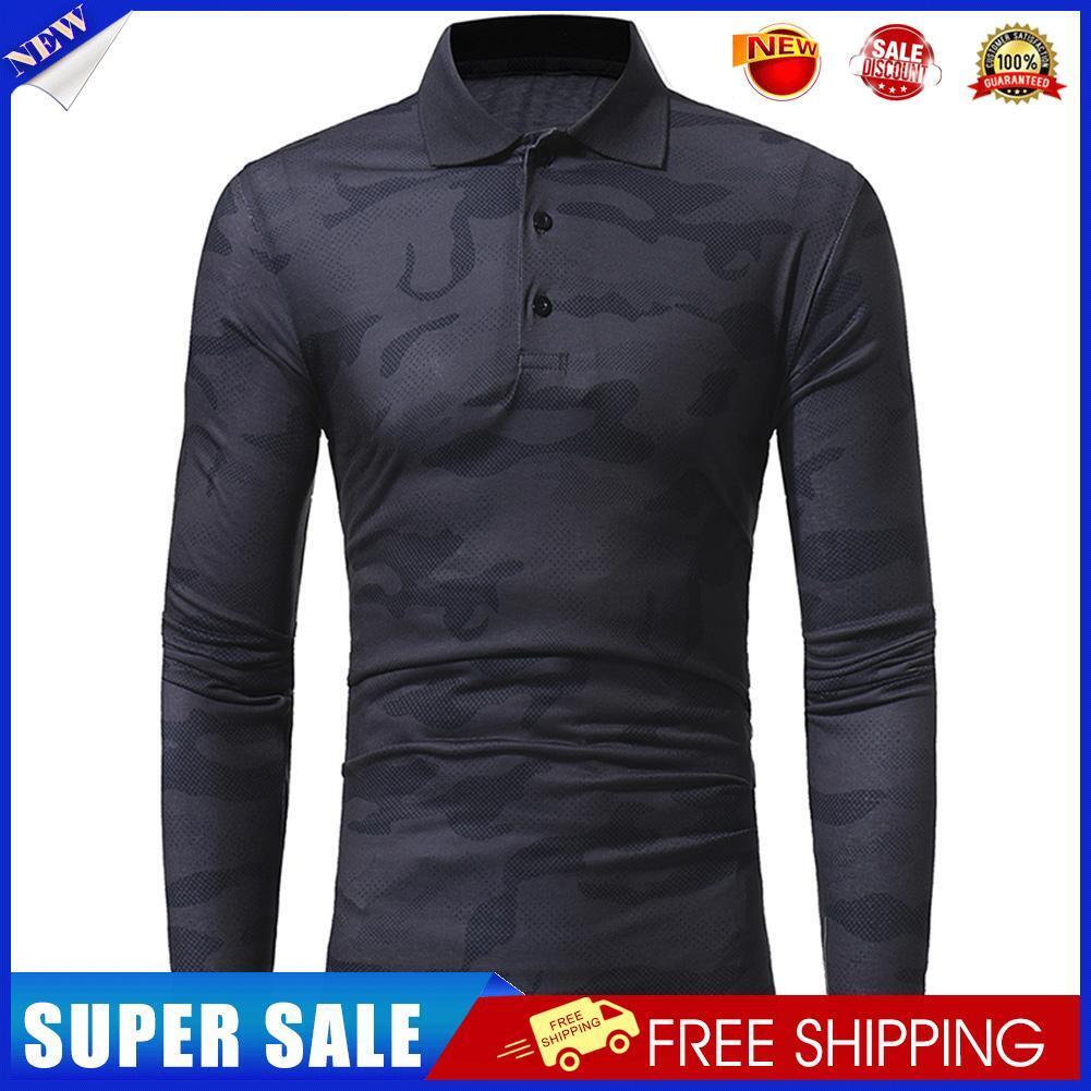 Men Long Sleeve Camouflage Lapel T-shirt Army Military Cotton Top(Grey L)