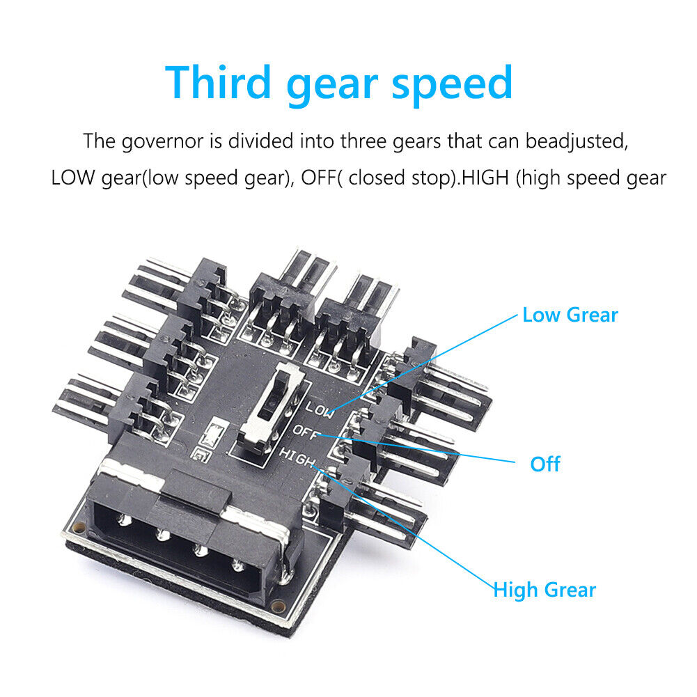 PC Speed Controller Adapter 3-level 12V Power Supply Cooler for 8-way Fans
