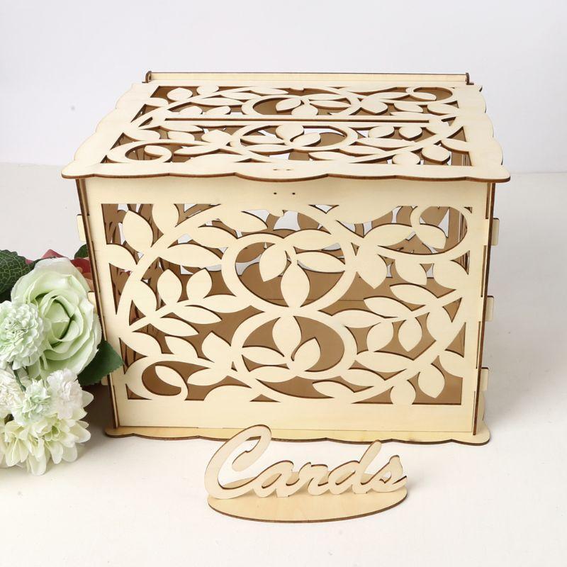 DIY Wedding Gift Leaf Wooden Card Money Box Case With Lock Rustic Beautiful