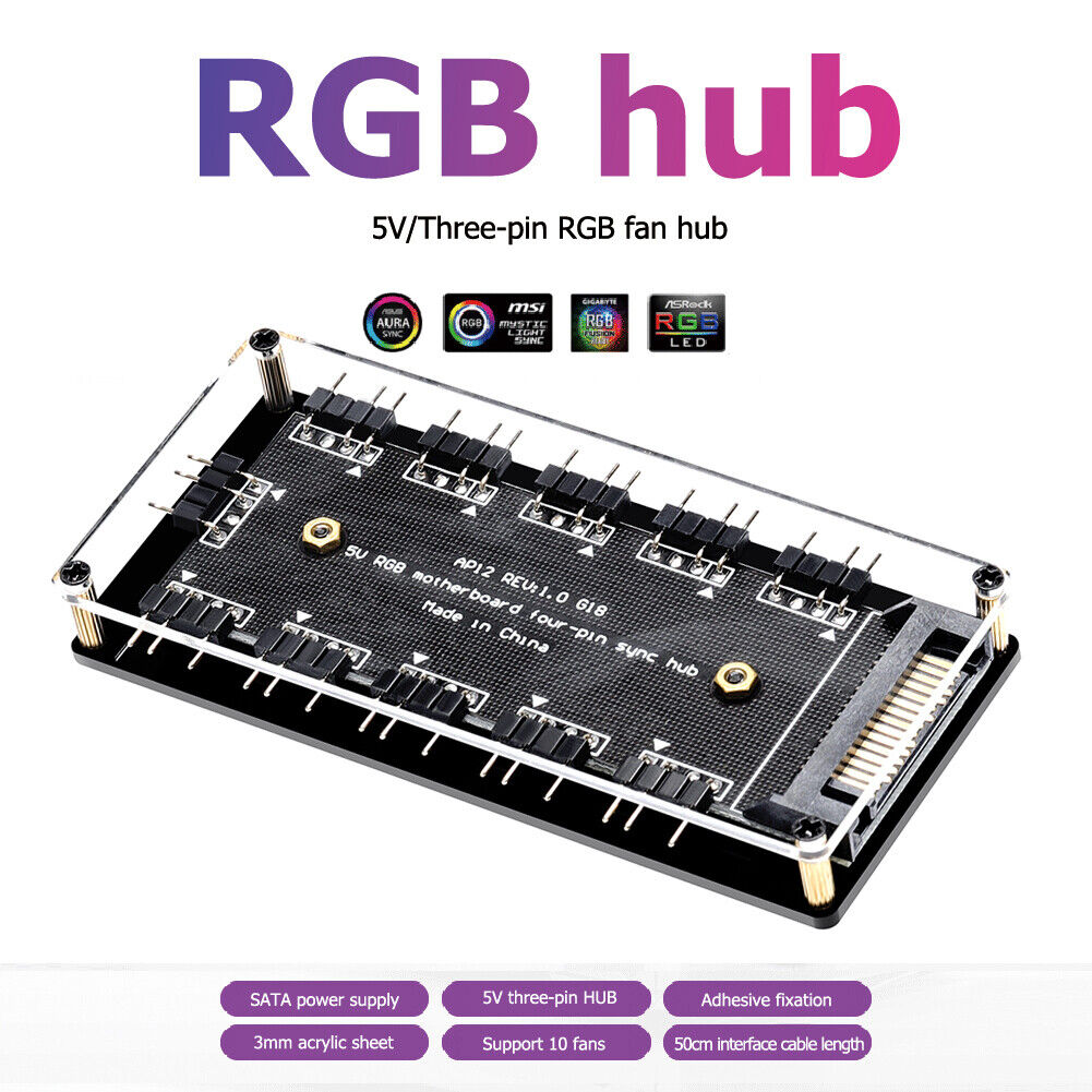 10 Ports RGB Fan HUB PC Desktop SATA Power 5V 3PIN ARGB Extension Splitter