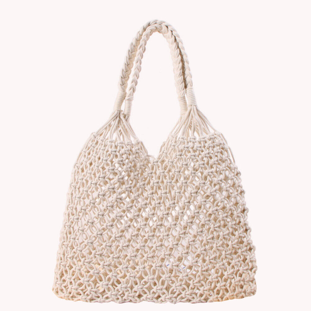 Womens Straw Hollow Beach Shoulder Bags Vacation Shopper Handbag (White)