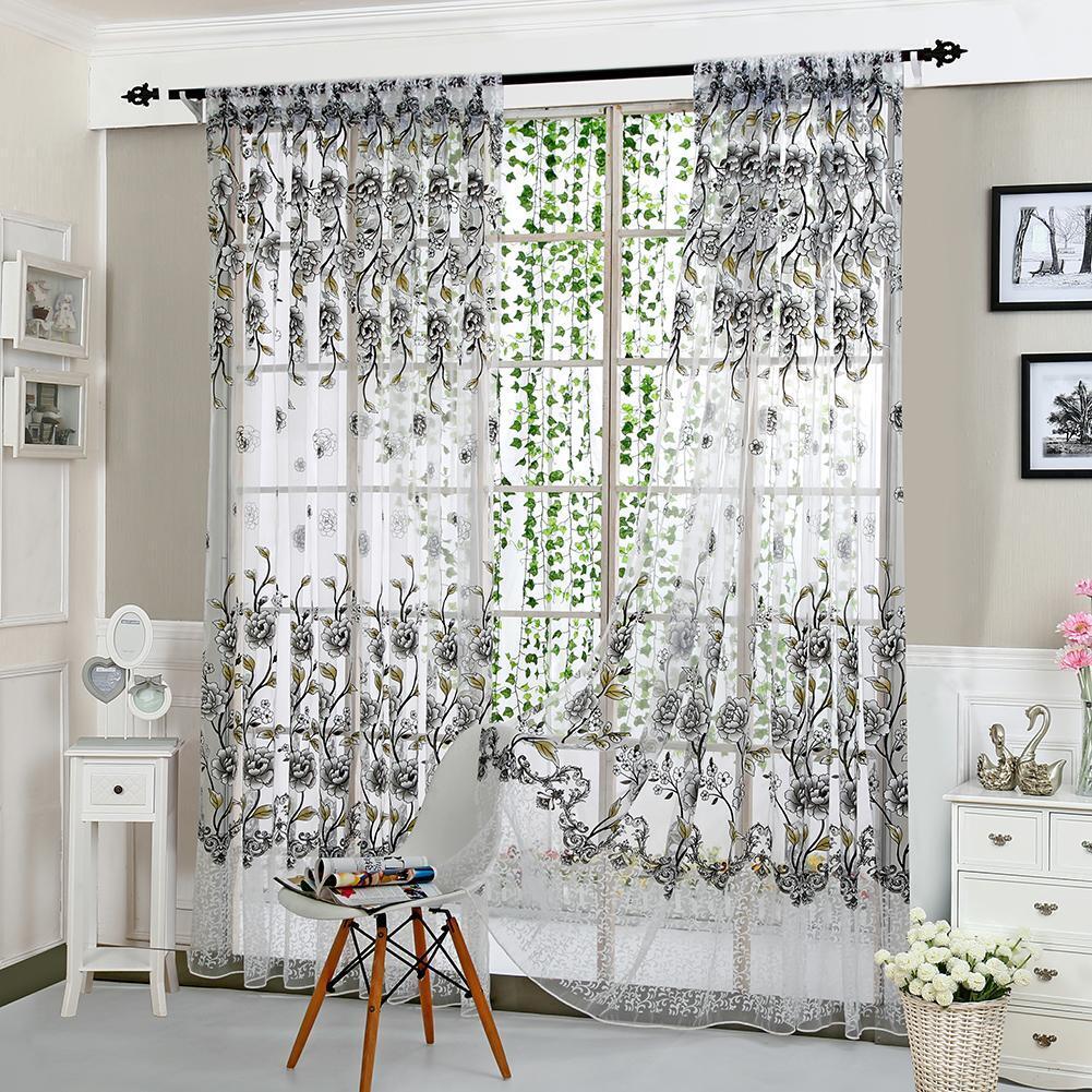 2PCS Peony Curtain Living Room Bedroom Home Door Window Curtain (Grey)
