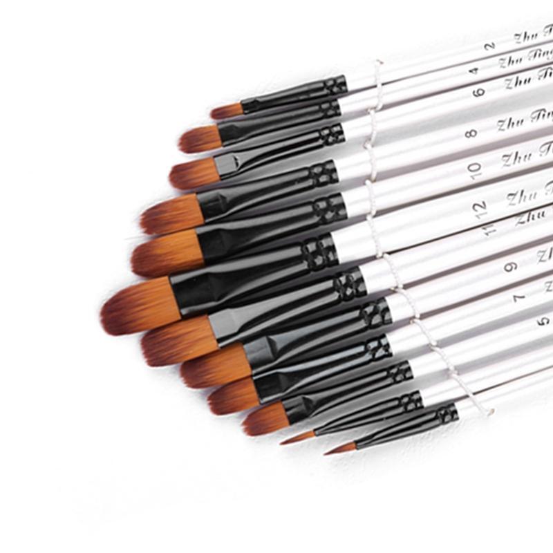 12pcs/set Watercolor Gouache Paint Brushes Wooden Handle Nylon Hair Painting