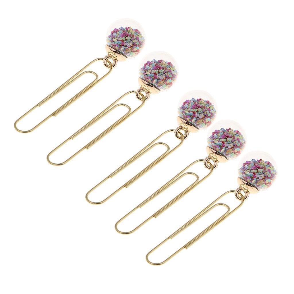 5Pcs Metal Paper Clips with Colorful Glass Ball Bookmarks Stationery Office