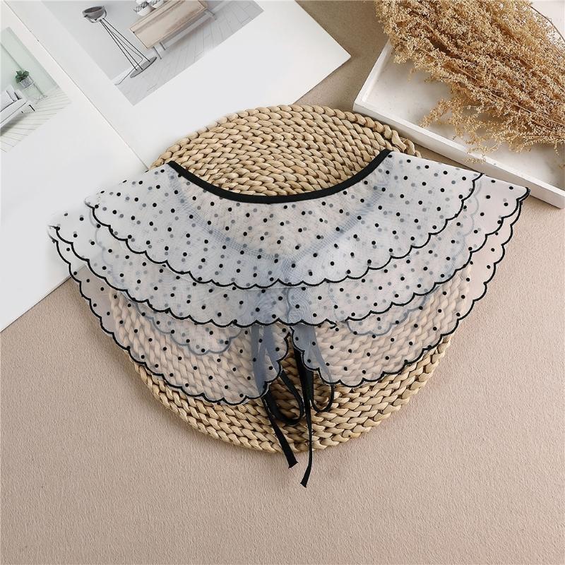Women Polka Dot Faux Collar Shawl Double Layer Lace-Up Sunscreen Mini Poncho