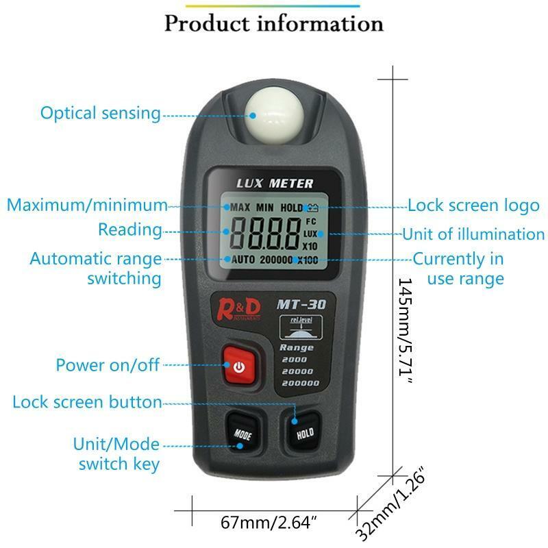 Lux meter 0~200,000lux Range Light Meter Illuminometer lux/fc Photometer Tester