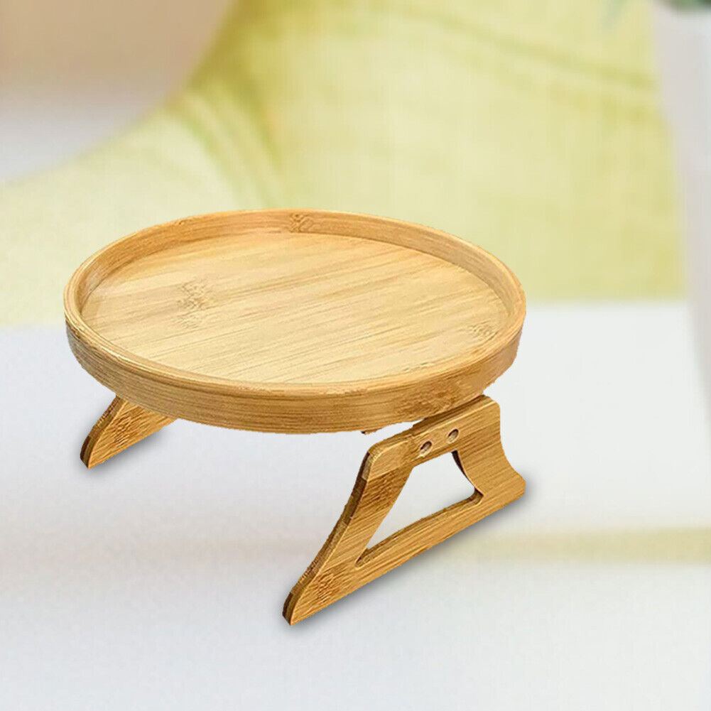 Round Bamboo Wood Tray Foldable Portable Sofa Armrest Breakfast Tea Table