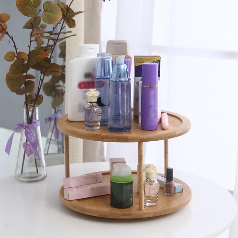 Round Bamboo Turntable Cabinet Organizer 2 Tier Spice Rack Removable Organizer
