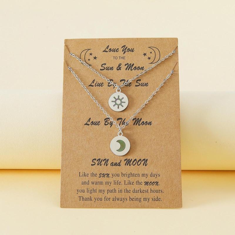 2Pcs Creative Sun Moon Pendant Card Necklace Stainless Steel Women Necklace