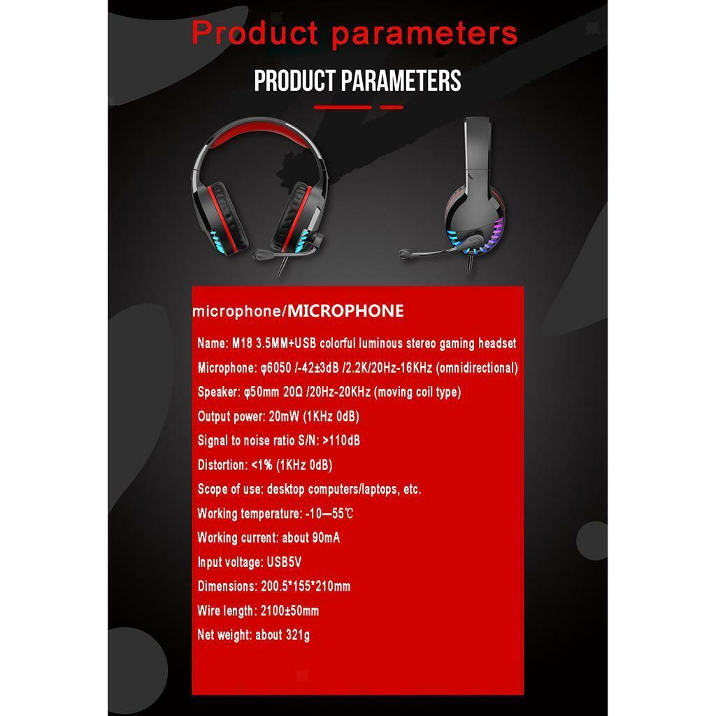 M18 Heavy Bass Colorful Gaming Headset RGB Headphones Soft Earpads with Mic