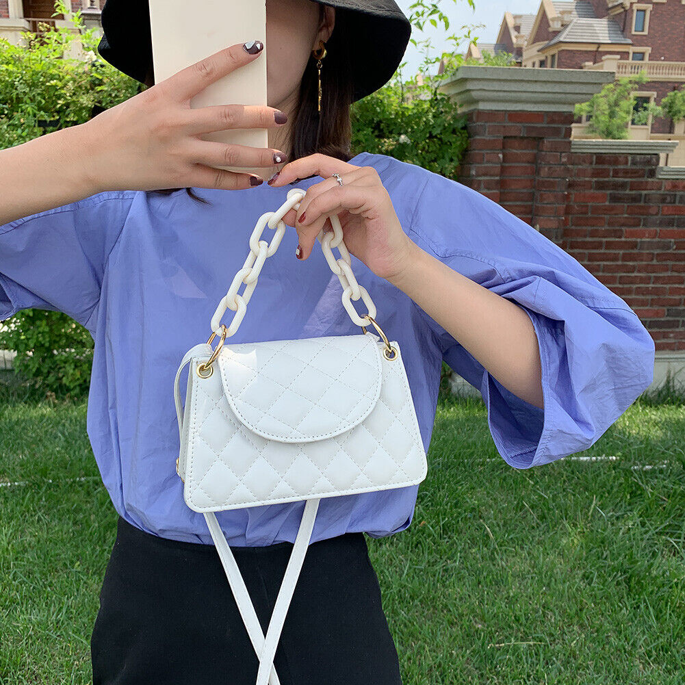Women Candy Chain Crossbody Bag PU Shoulder Female Travel Handbag (White)