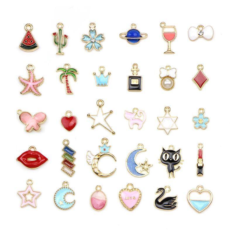 30Pcs Mixed Enamel Charms Collection Swan Moon Star Cat Pendant Jewelry Making