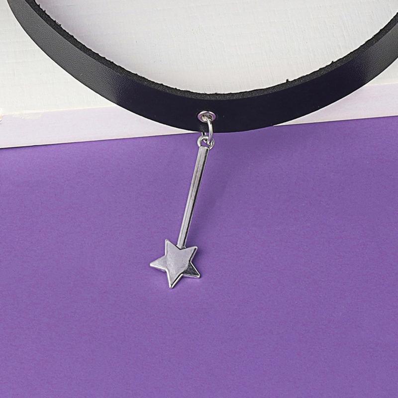 Adjustable Leather Choker Collar Soft Star Shaped Pendant Punk Choker Necklace