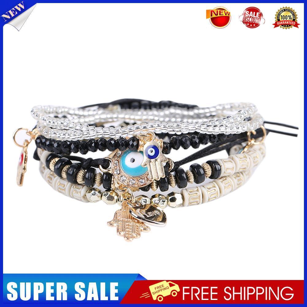 Lucky Hamsa Hand Blue Evil Eye Bracelets Bangles Multilayer (Black)