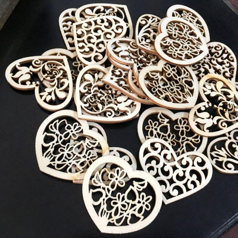 50pcs Carving Hollow Heart Flower Wooden Painting Scrapbooking Craft Handmade