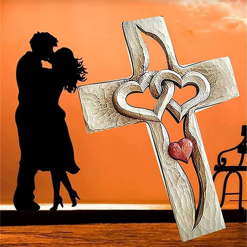 Carved Wooden Cross Valentine's Day Wooden Love Heart Cross Intertwined Hearts