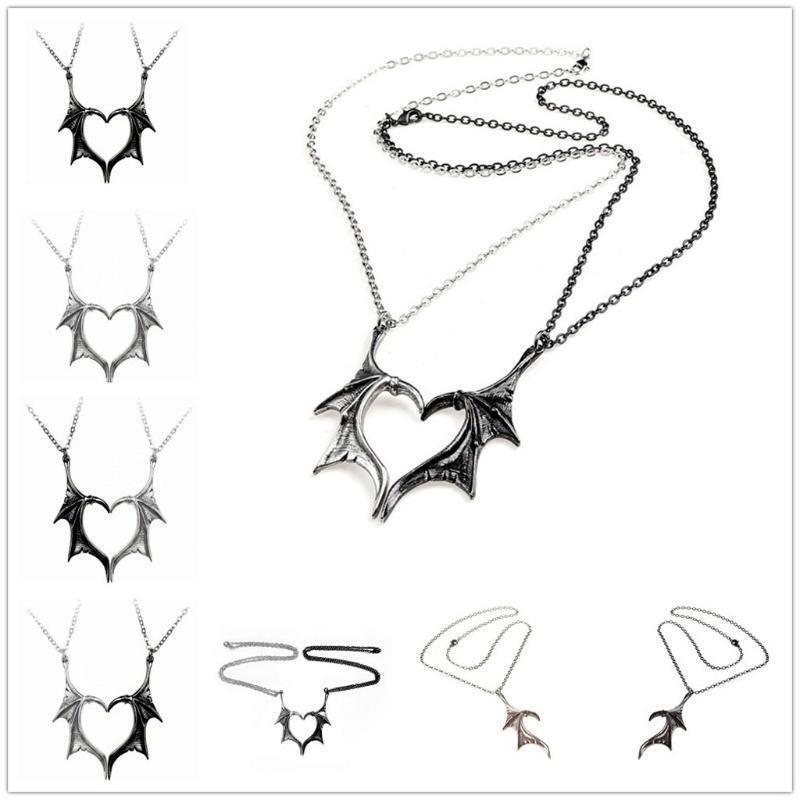 2 Pcs/Set Exquisite Bat Wing Heart Pendant Couple Necklace Jewelry Charms Decor