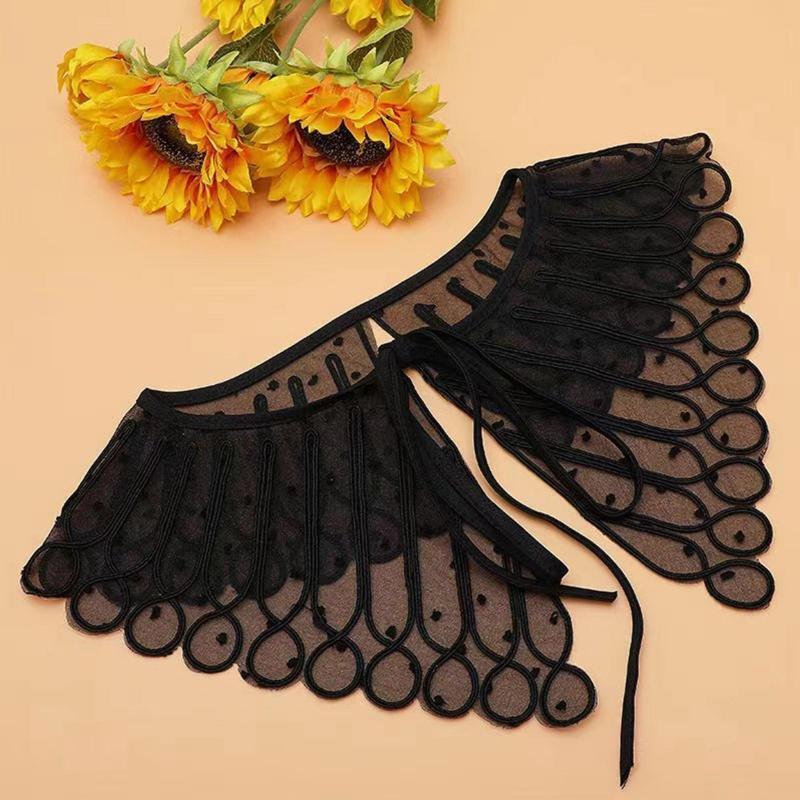 Women Emboridery Twist Striped Dot Collar Sheer Shawl Shrug Lace-Up Scarf Cape