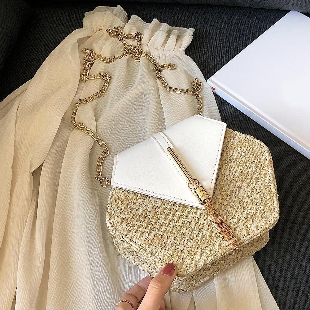 Hex-shape Straw+PU Shoulder Handbags Beach Women Top-handle Bags (White)