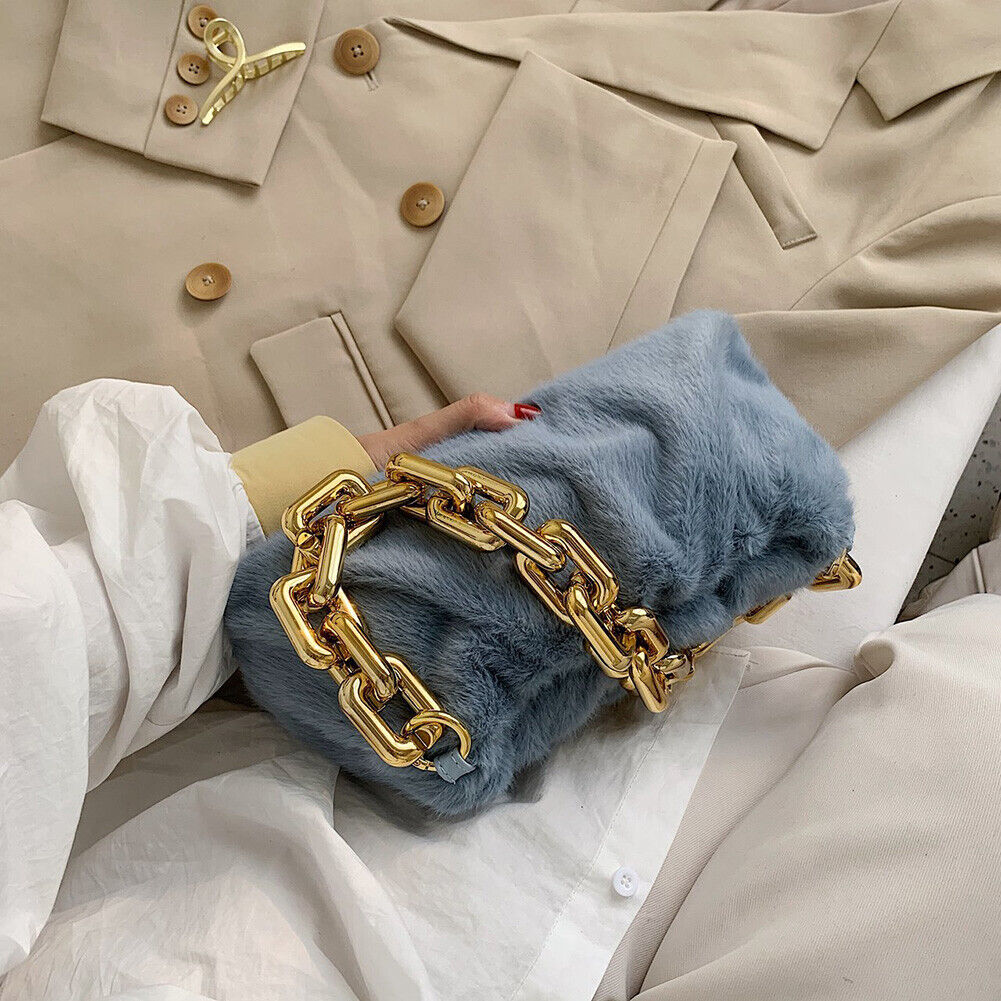 Women Cloud Handbags Plush Soft Thick Chain Shoulder Underarm Bags (Blue)