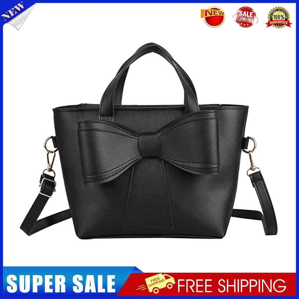 PU Leather Bowknot Bucket Shoulder Bag Women Leisure Large Handbag (Black)