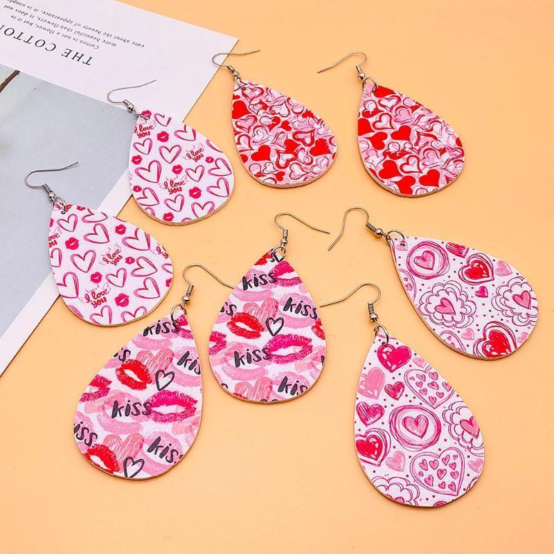12 Pairs Valentine Day Leather Earrings Women Heart Print Teardrop Earrings Kit