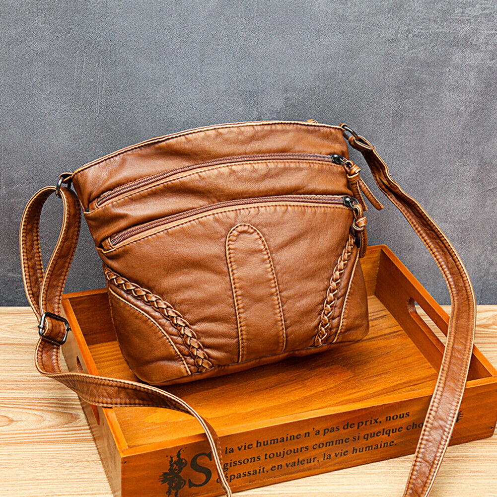 Washable Soft PU Messenger Bag Women Multi Pocket Shoulder Pouch (Brown)