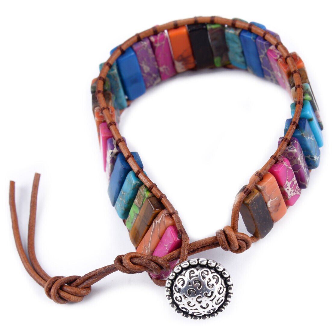 Gypsy Style Handmade Leather Wrap Colorful Natural Stone Tube Beads Bracelet ld
