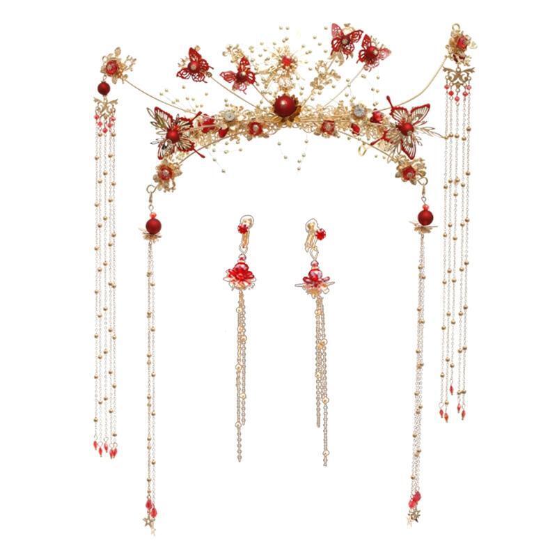 Women Girls Dress Jewelry Set Chinese Classical Tassel Floral Headdress Earrings