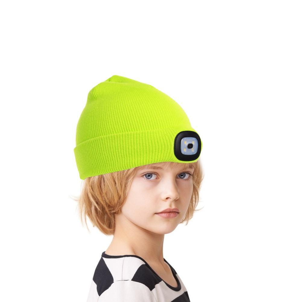 Winter Kids Knitted Beanie Hat with LED Light Fishing Cycling Cap (Green)