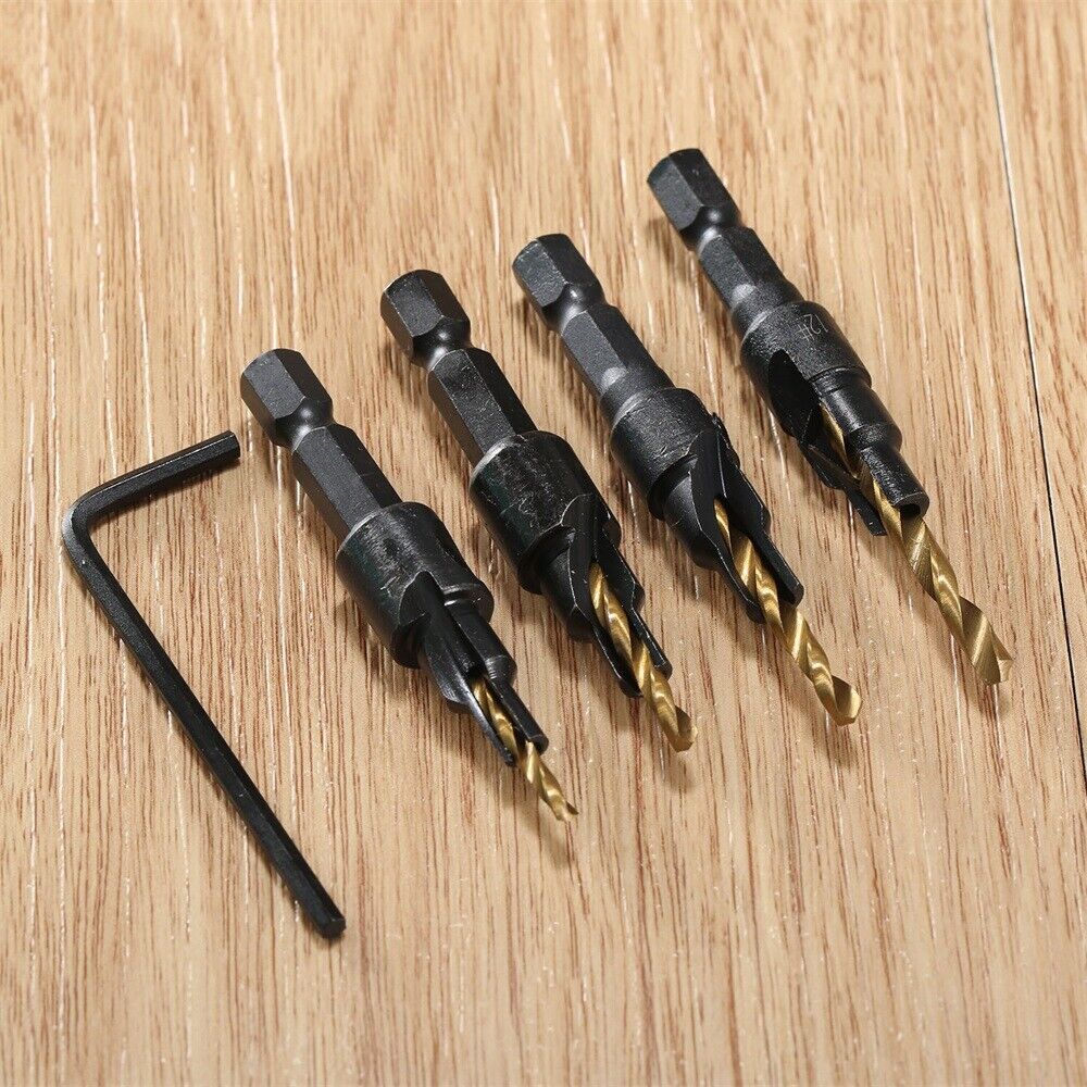 4x HSS Ti Titanium-coated Countersink Drill Bits Kit Hex Shank Woodworking Tool