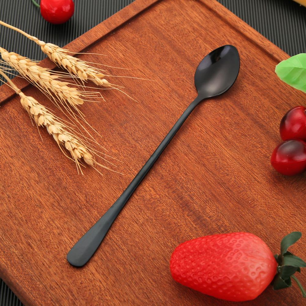 Stainless Steel Long Handle Ice Spoon Coffee Tea Spoons Tableware (Black)
