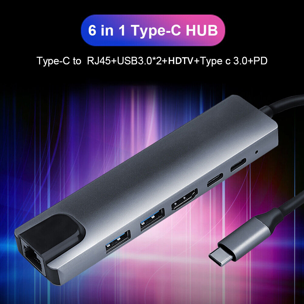 6 in 1 USB C HUB 2 USB 3.0 4K HDMI-compatible Type-C 100W PD RJ45 Adapter f