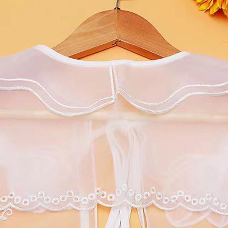 Women Double Layer Organza Collar Shawl Hollow Out Embroidery Bowknot Scarf Cape