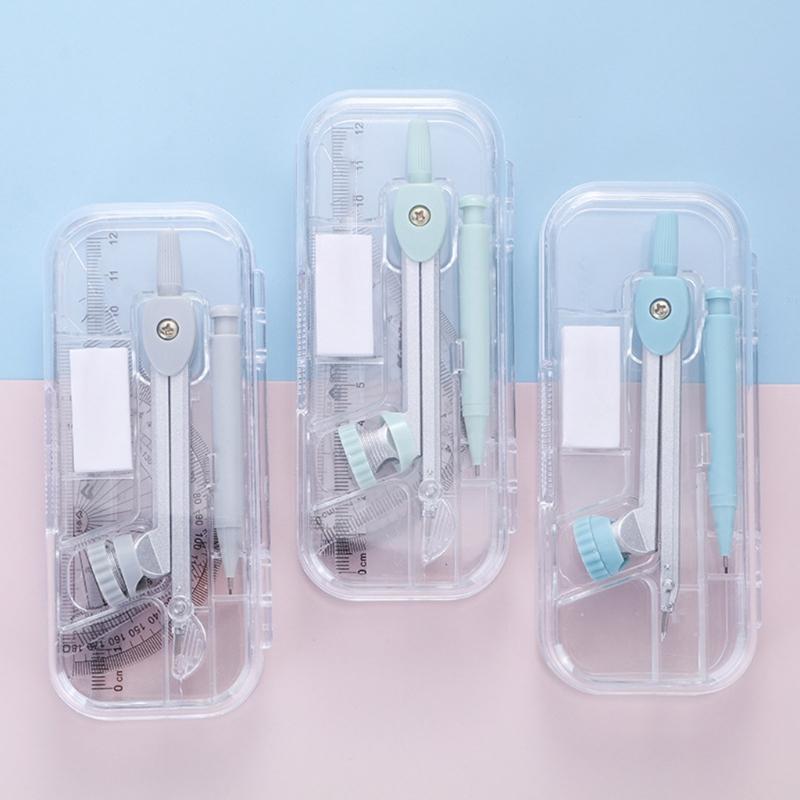 Portable Compass Kit with Protractor Triangles Ruler Mechanical Pencil Eraser