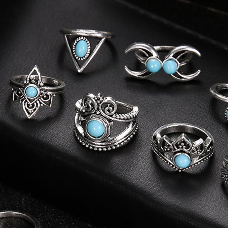 11Pieces Exquisite Women Ring Blue Oval Cut Fire Opal Diamond Band Rings Jewelry