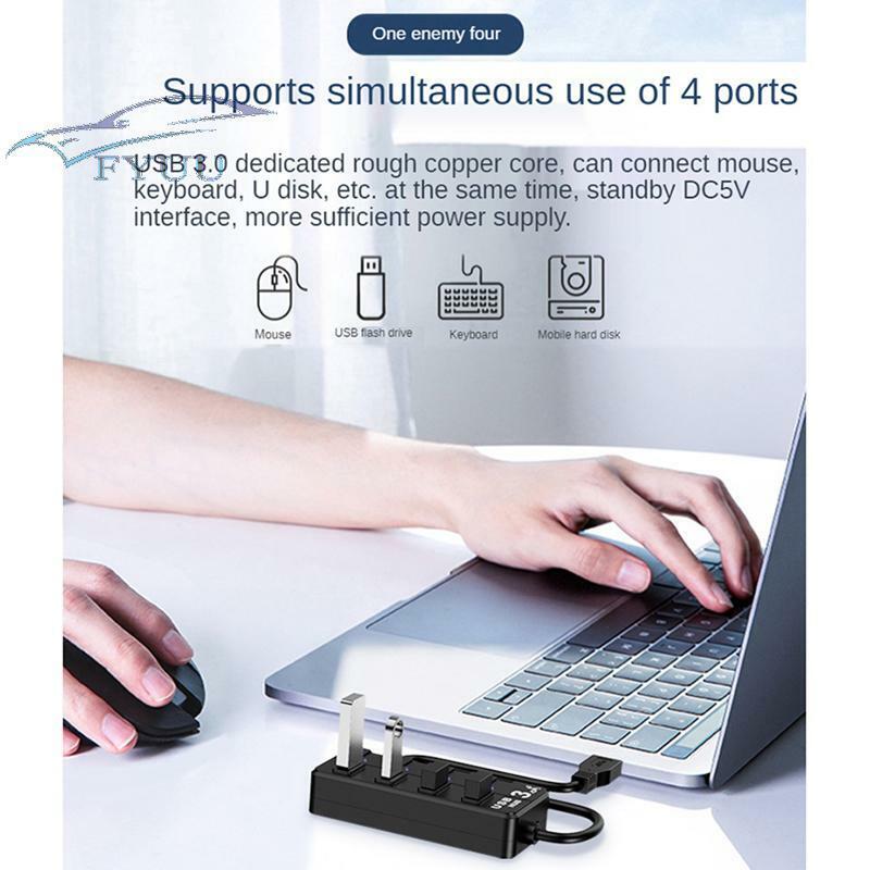 USB3.0 Hub Splitter Adapter 4 Port On/Off Switch Dock Station Use For PC Laptop