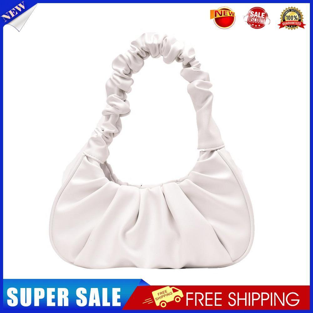 Elegant Pleated Handbag Women Leather Travel Totes Shoulder Bag (White)